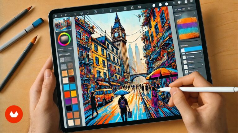 Ilustración vibrante creada con Procreate mostrando una escena urbana animada con colores brillantes y detalles intrincados, destacando texturas y trazos disponibles en el pack de pinceles descargables