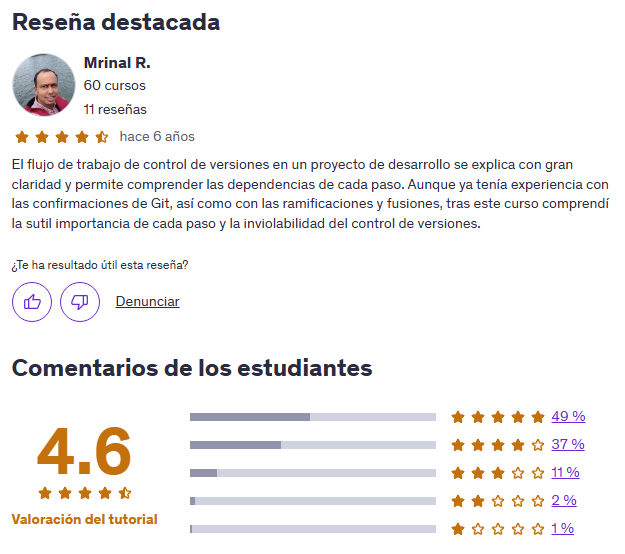 Git: Conviértete en un experto en Git y GitHub en 4 horas | Valoración