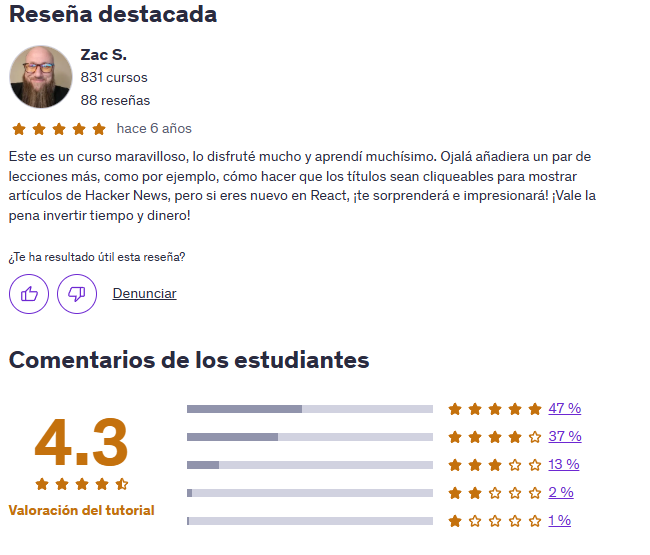 Desarrollo web frontend con React JS para principiantes | Valoración