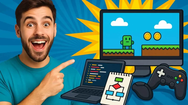 Diagrama con íconos que representan las etapas del desarrollo de videojuegos: idea, diseño con control, codificación en laptop y videojuego en pantalla.