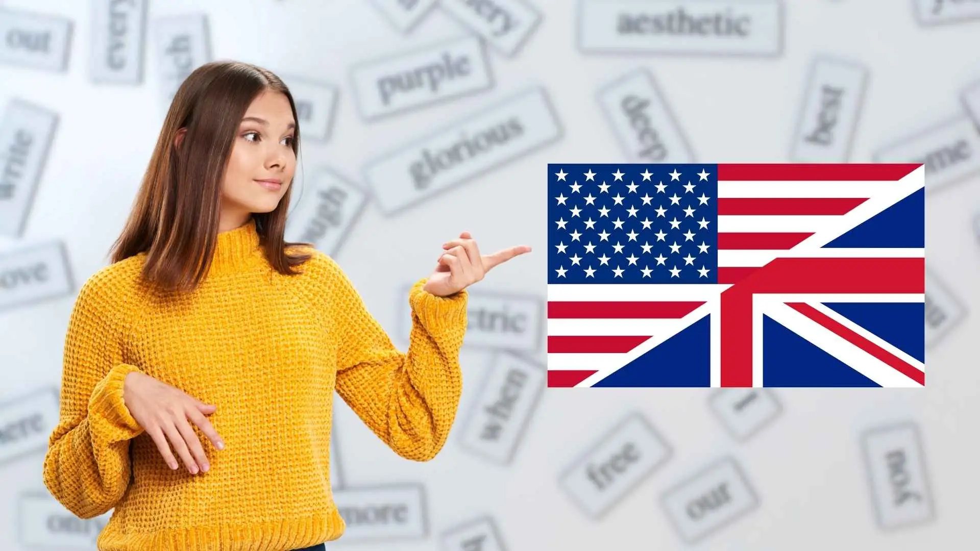 Mujer joven señalando las banderas de Estados Unidos y Reino Unido, con palabras en inglés desenfocadas de fondo.