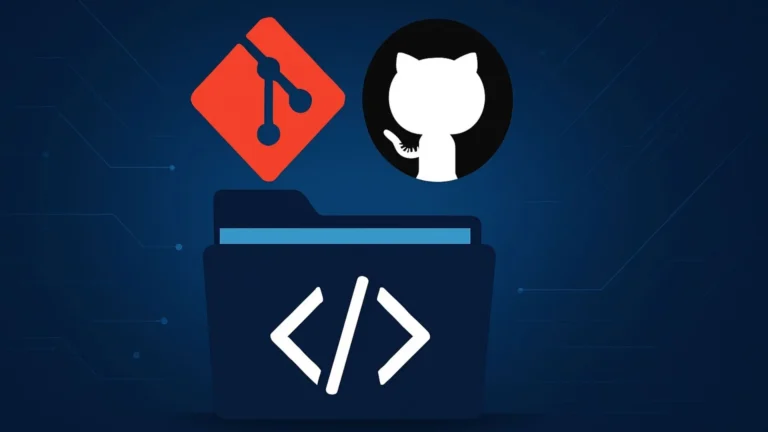 Ilustración digital que muestra el logo de Git y el ícono de GitHub flotando sobre una carpeta de código, con fondo azul oscuro de estilo tecnológico.
