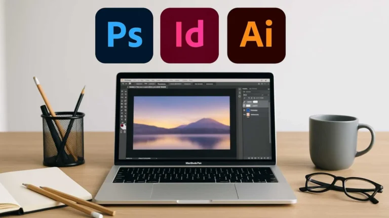 Escritorio minimalista con laptop mostrando Photoshop y logos de Adobe.