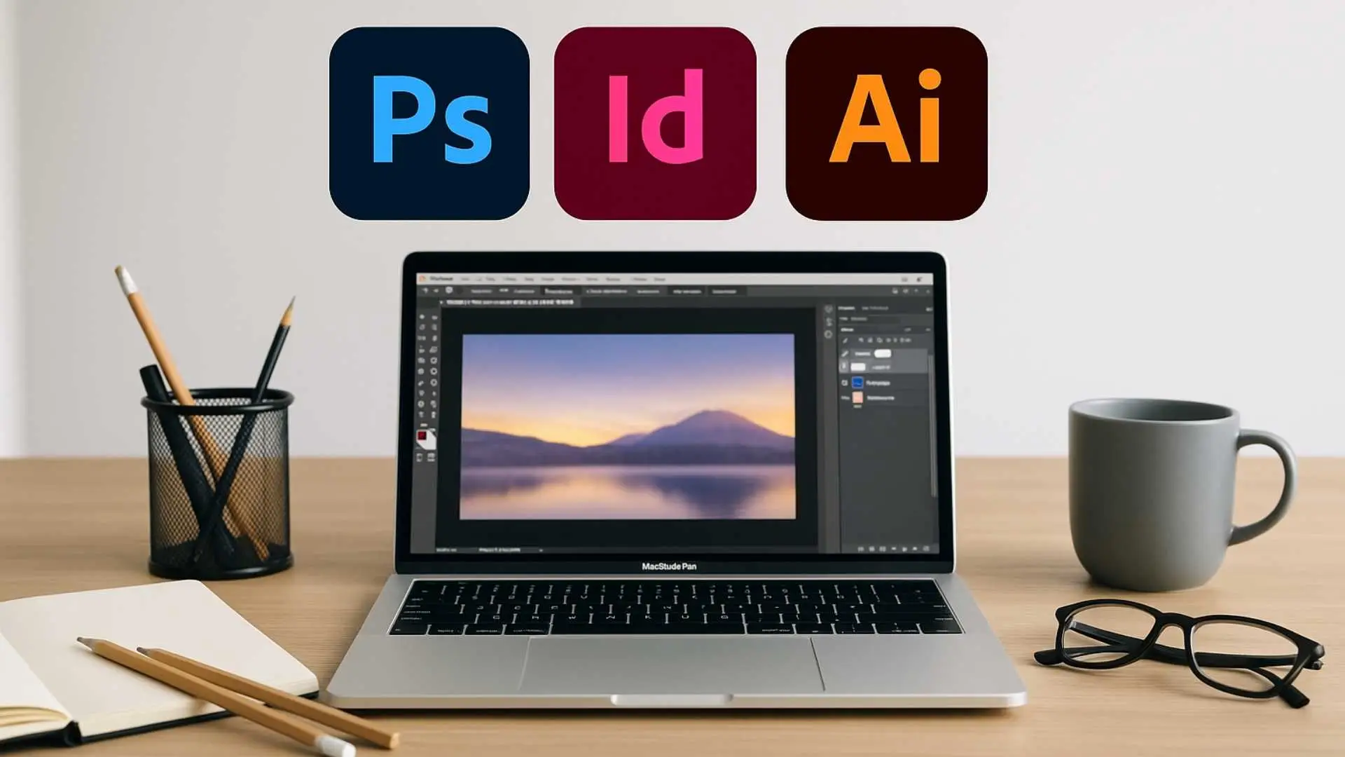 Escritorio minimalista con laptop mostrando Photoshop y logos de Adobe.