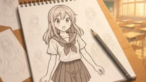 Dibujo de colegiala estilo manga en libreta de bocetos sobre escritorio en aula japonesa.