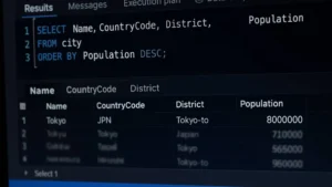 Pantalla de computadora con código SQL y gráficos en una oficina moderna.