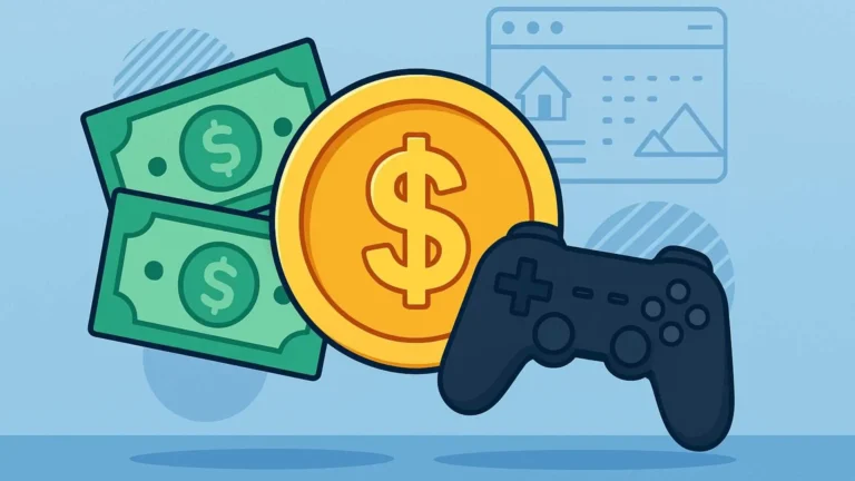 Ilustración digital estilo flat que muestra un control de videojuego, billetes y una gran moneda dorada con símbolo de dólar, representando la monetización en videojuegos.