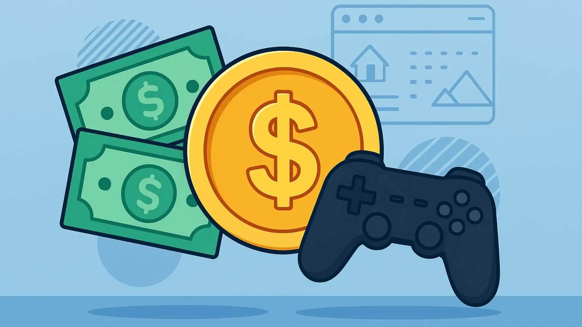 Ilustración digital estilo flat que muestra un control de videojuego, billetes y una gran moneda dorada con símbolo de dólar, representando la monetización en videojuegos.