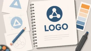 Vista superior de varios diseños de logotipos digitales sobre fondo claro