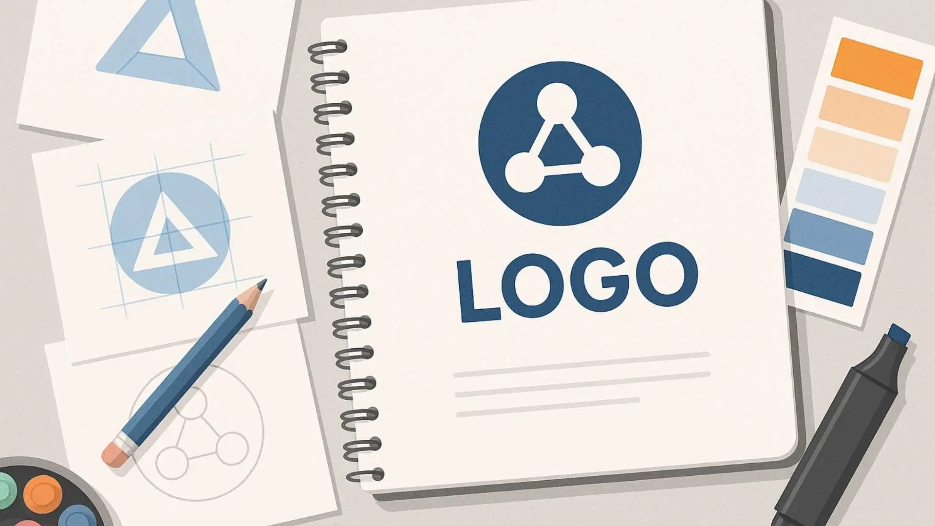 Vista superior de varios diseños de logotipos digitales sobre fondo claro