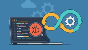 Ilustración plana de laptop con código y lupa mostrando un bug, junto a símbolo de CI/CD con engranajes sobre fondo azul.