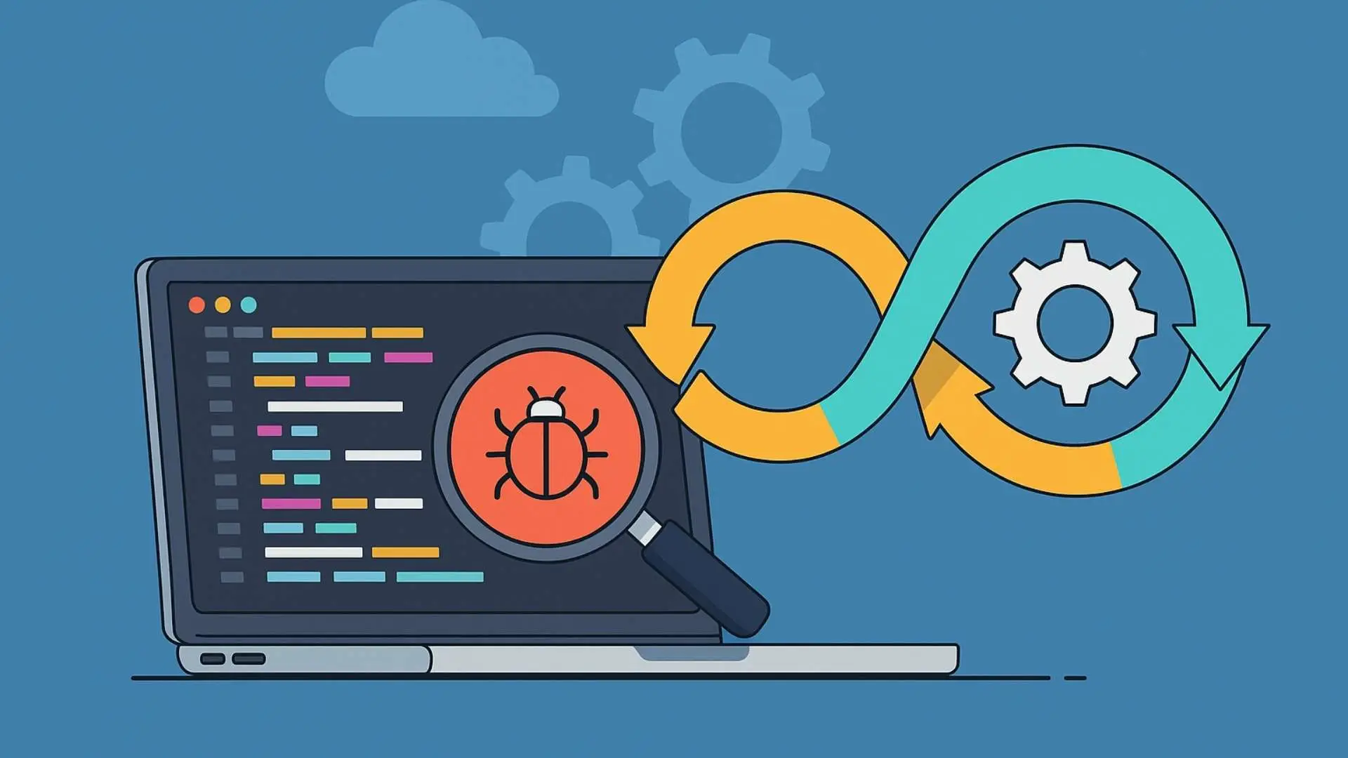 Ilustración plana de laptop con código y lupa mostrando un bug, junto a símbolo de CI/CD con engranajes sobre fondo azul.