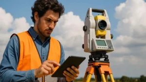 Hombre topógrafo trabajando al aire libre con estación total sobre trípode en un entorno natural.