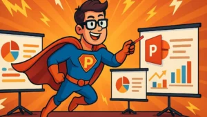 Ilustración colorida y en estilo caricaturesco de un personaje con gafas y traje sosteniendo una laptop, rodeado de diapositivas flotantes, en ambiente creativo y tecnológico.