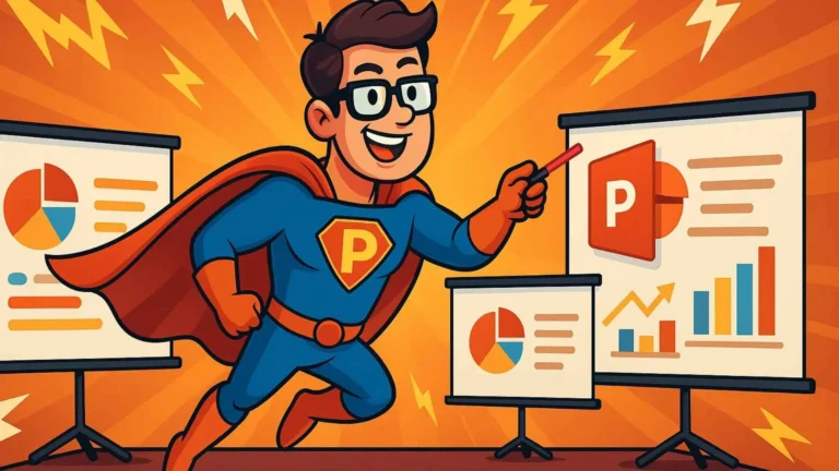 Ilustración colorida y en estilo caricaturesco de un personaje con gafas y traje sosteniendo una laptop, rodeado de diapositivas flotantes, en ambiente creativo y tecnológico.