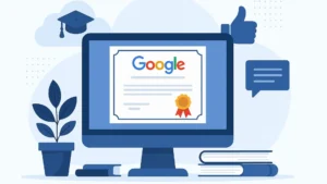 Ilustración de una computadora con un certificado digital de Google, rodeada de libros, planta, íconos educativos y fondo abstracto.