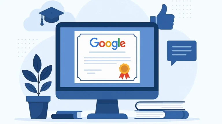 Ilustración de una computadora con un certificado digital de Google, rodeada de libros, planta, íconos educativos y fondo abstracto.