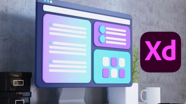Interfaz de diseño web colorida en monitor de escritorio junto al logotipo de Adobe XD sobre fondo gris.