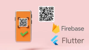 Teléfono escaneando un código QR junto a los logos de Firebase y Flutter