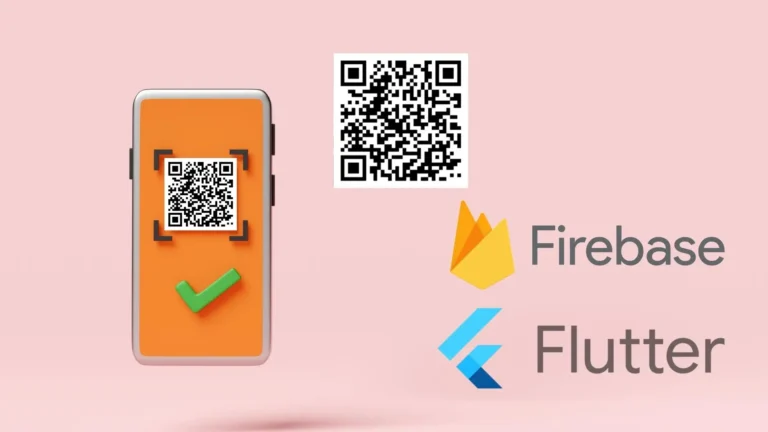 Teléfono escaneando un código QR junto a los logos de Firebase y Flutter