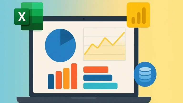 Laptop mostrando paneles de datos de Excel y Power BI