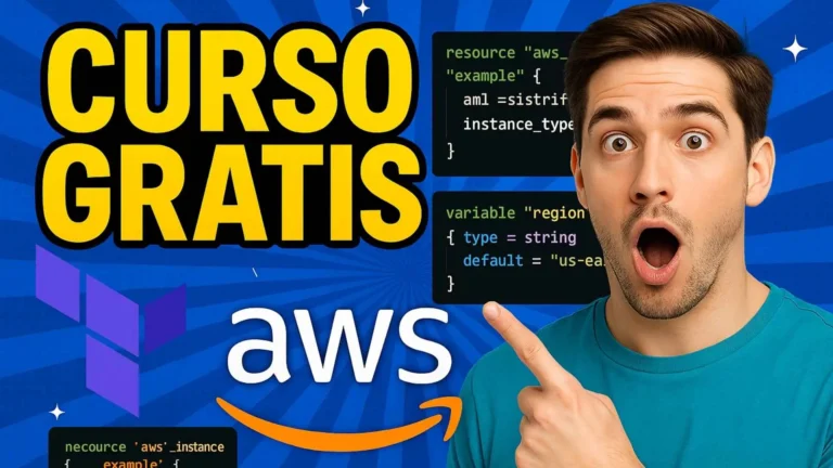 “Gráfico digital en tonos púrpura que promociona un curso gratuito de Terraform y AWS, con logos visibles y texto CURSO GRATIS en letras blancas.