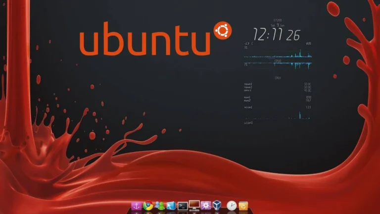 Escritorio de Ubuntu personalizado con fondo oscuro y detalles rojos, mostrando el logo de Ubuntu, widgets de sistema y barra de aplicaciones estilo dock.