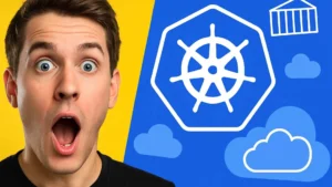 Joven desarrollador señalando un gráfico animado de Kubernetes con expresión entusiasta y fondo de código binario azul.
