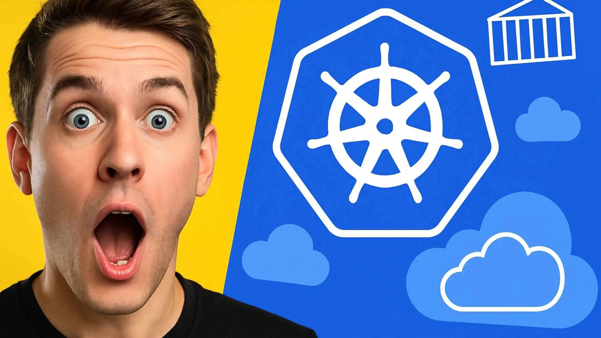 Joven desarrollador señalando un gráfico animado de Kubernetes con expresión entusiasta y fondo de código binario azul.