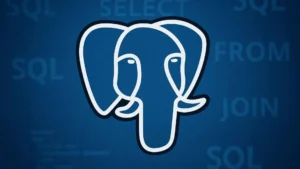 Ilustración digital de ciudad de datos con elefante de PostgreSQL
