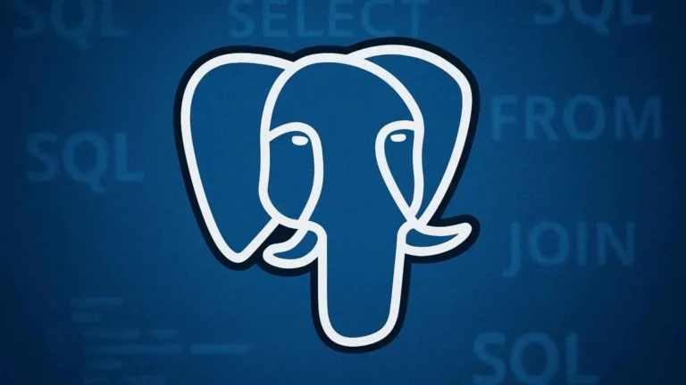 Ilustración digital de ciudad de datos con elefante de PostgreSQL