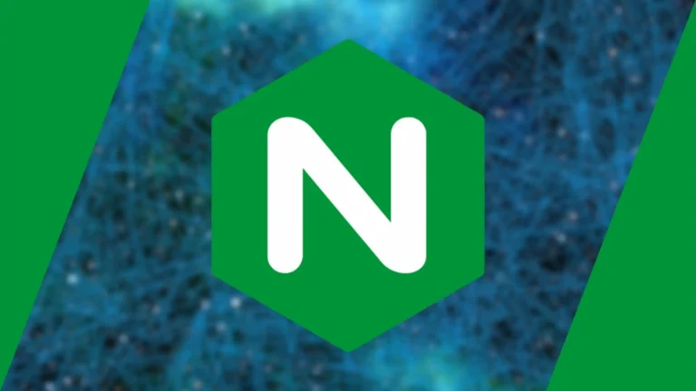Logo de NGINX sobre fondo abstracto azul.