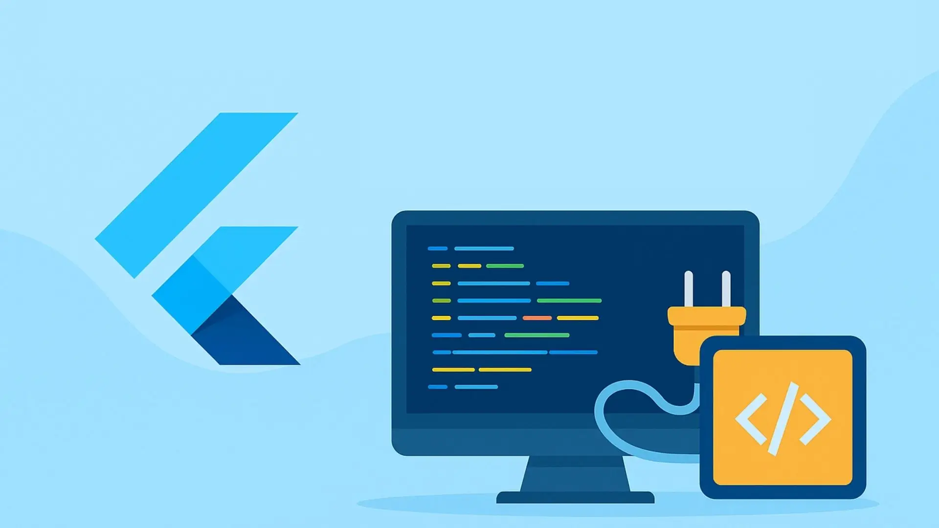 Ilustración de la creación de complementos en Flutter con el logo de Flutter, un monitor con código y un icono de plugin conectado.