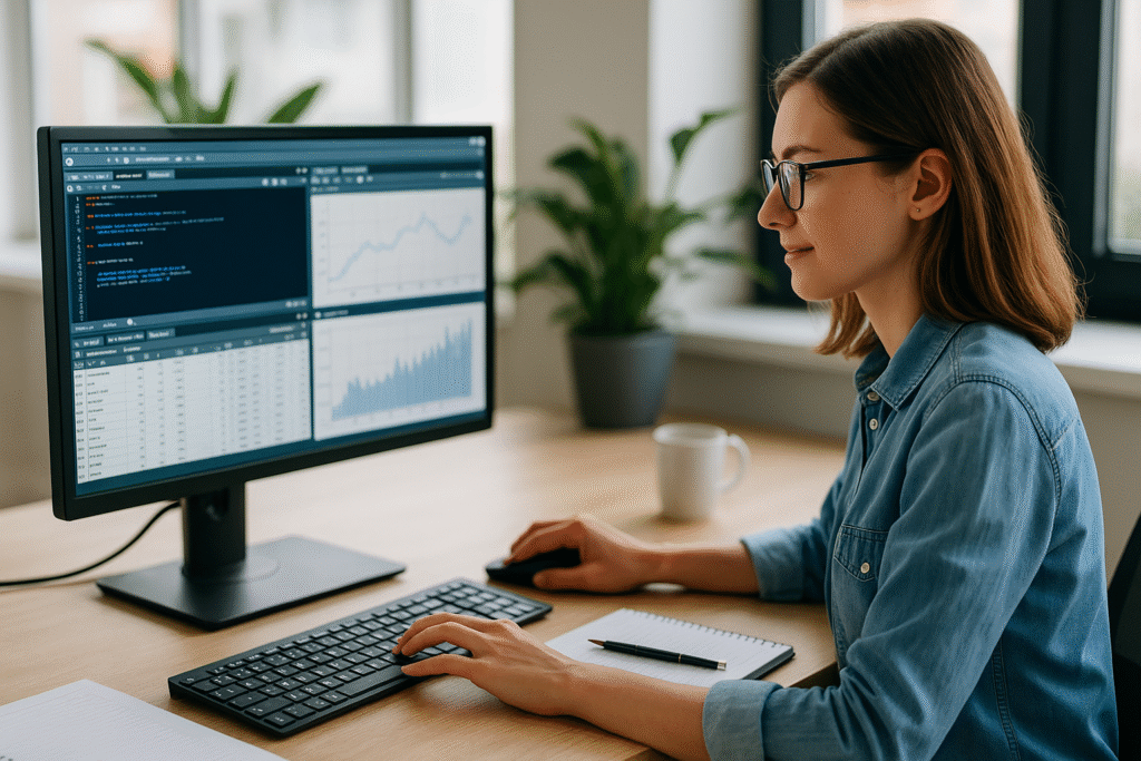 Una persona joven (de género neutro o mujer) en un entorno moderno de oficina, mirando la pantalla con gráficos estadísticos o código de R en RStudio. La atmósfera debe ser luminosa, profesional y educativa.