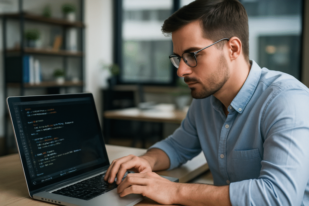 Una persona joven (puede ser hombre o mujer), con expresión concentrada, trabajando en una laptop en un entorno moderno de oficina. En su pantalla se visualiza código SQL o una consola de base de datos. Fondo difuminado, iluminación natural.
