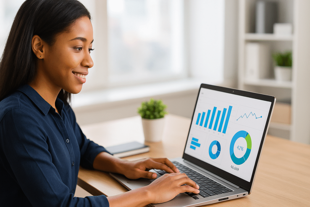 Una persona joven (hombre o mujer) sentada frente a una laptop en un entorno moderno de oficina. En la pantalla, se aprecia un dashboard de Power BI con gráficos de barras, líneas y tarjetas numéricas. El fondo es neutro, con buena iluminación natural.