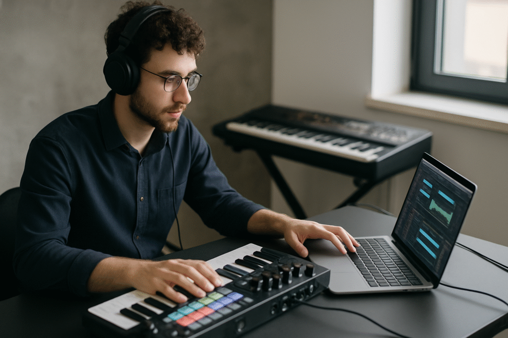 Un productor musical frente a su laptop con auriculares, controladores MIDI y software de producción abierto (como Ableton o FL Studio). Luz suave, ambiente moderno, con elementos tecnológicos.