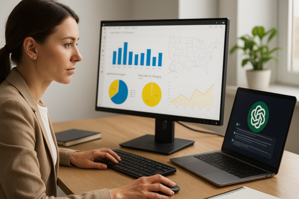 Un analista de datos joven (hombre o mujer) trabajando frente a una pantalla con gráficos de Power BI, mientras consulta en otra pestaña un chat con IA (estilo ChatGPT). Ambiente moderno, iluminación blanca, actitud concentrada.