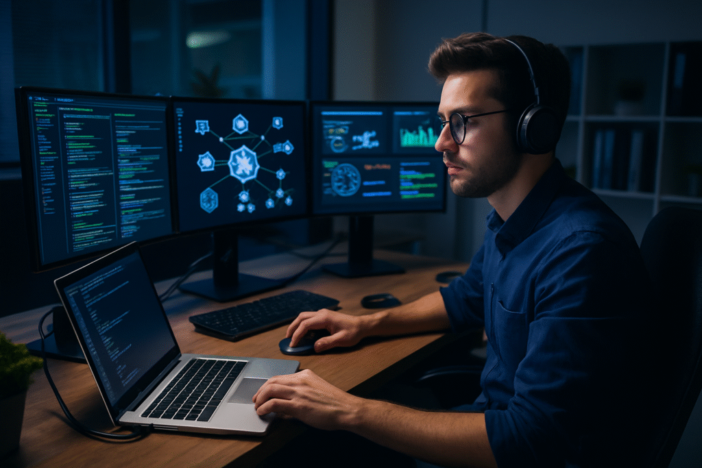 Un ingeniero DevOps trabajando frente a múltiples pantallas con terminales abiertas, diagramas de clúster y dashboards de monitoreo. Fondo tecnológico, iluminación azul tenue.