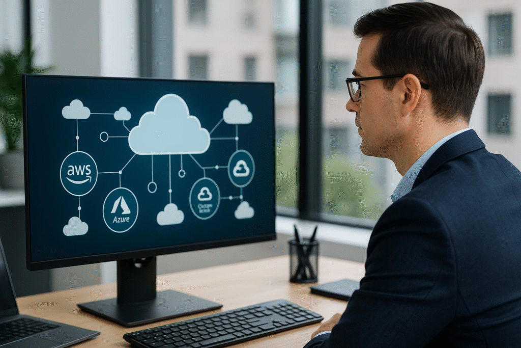 Una escena de oficina moderna con una persona de negocios mirando una pantalla que muestra íconos de nubes interconectadas. Fondo limpio, iluminación suave y aspecto corporativo. La pantalla podría incluir elementos como AWS, Azure, Google Cloud, sin marcas visibles.
