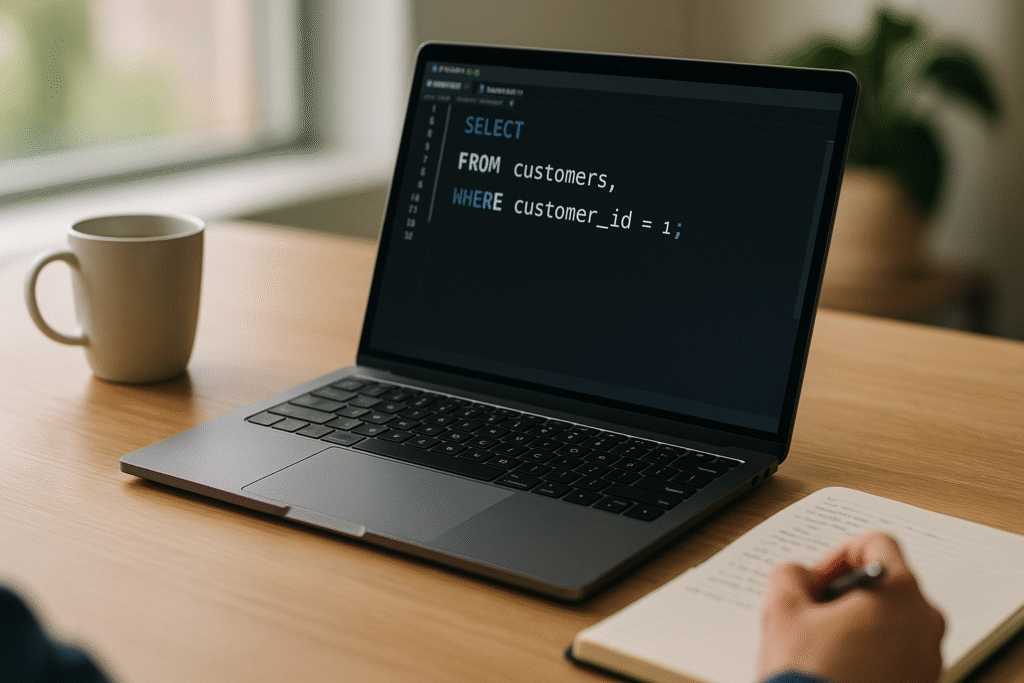 Una laptop sobre un escritorio de madera, con la pantalla mostrando código SQL (SELECT, FROM, WHERE) en un editor de texto moderno. A un lado, una libreta abierta con apuntes y una taza de café. Luz natural entrando por una ventana, fondo difuminado. Ideal para transmitir enfoque y aprendizaje autodidacta.