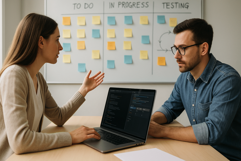 Una mesa de trabajo moderna con dos desarrolladores colaborando frente a una pizarra con post-its y diagramas tipo kanban. En la pantalla del portátil se ve un entorno de desarrollo y un tablero Scrum. Iluminación clara, tonos neutros, ambiente productivo y profesional. Ideal como imagen destacada para blog técnico.