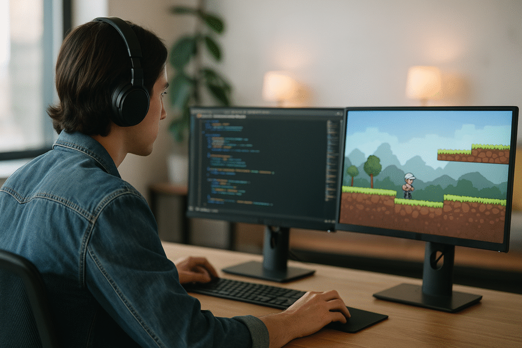 Una persona joven (hombre o mujer) concentrada frente a una computadora con doble monitor. En una pantalla se muestra código (JavaScript o algo estilo Phaser.js) y en la otra, un boceto de videojuego en desarrollo (personaje 2D o mapa de niveles). Fondo desenfocado con luz suave estilo oficina moderna.