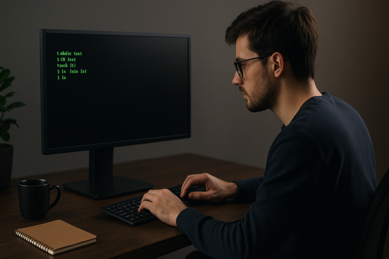 Persona escribiendo comandos en la terminal desde su escritorio con luz tenue.