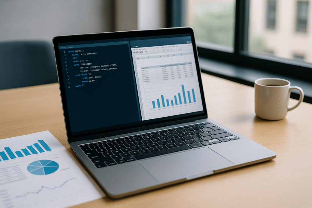 Una laptop sobre un escritorio moderno, abierta mostrando una hoja de cálculo y una ventana de código SQL. A su alrededor, gráficos de ventas en papel, una taza de café y luz natural entrando por una ventana. Estilo limpio, profesional y realista. Ambiente de oficina, sin personas visibles.
