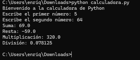 resultado en consola del codigo "calculadora.py"