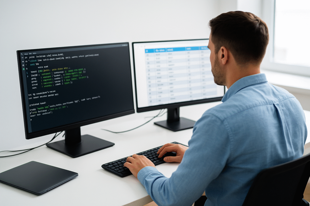 Un desarrollador sentado frente a dos monitores. En uno aparece una consola de PostgreSQL con comandos SQL, en el otro una tabla de base de datos visible. Ambiente minimalista, moderno y bien iluminado. El programador luce concentrado y profesional.
