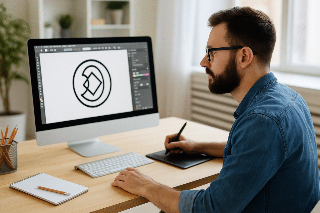 Un diseñador gráfico frente a su computadora en una oficina luminosa. En la pantalla se observa Adobe Illustrator con un logo vectorial en proceso. Hay lápices, bloc de notas y una tablet gráfica sobre el escritorio. Ambiente ordenado y moderno.