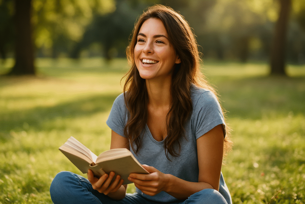 Una escena luminosa y natural: una mujer sonriente, sentada en un parque, leyendo un libro o mirando hacia el horizonte. Colores suaves, luz cálida y fondo desenfocado con árboles. La imagen transmite calma, bienestar y reflexión.