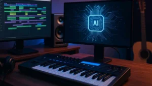 Una mano humana interactúa con una interfaz digital de producción musical iluminada, con gráficos relacionados con inteligencia artificial y sonido.